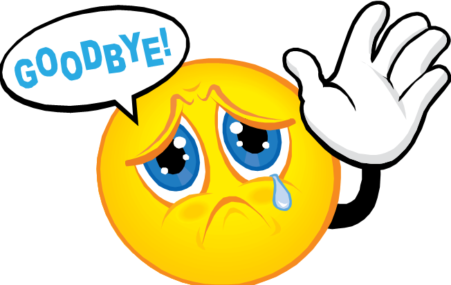 Clipart mit winkendem Smiley, der eine Träne im Auge hat und Googbye sagt